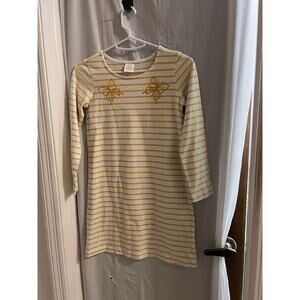 Hanna Andersson Gold White Striped Shift Dress Sz 8 Velvet Embossed Butterflies